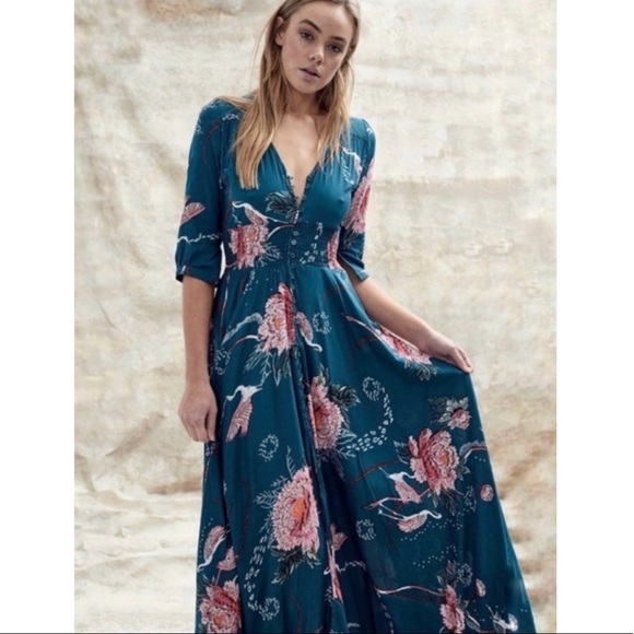Jaase Bsynthe Crane Floral Green Maxi Dress XS - Picture 2 of 10